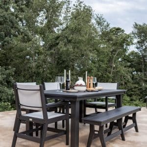 Homestead Rectangular Outdoor Dining Table Set w/ Mayhew Sling Chairs and Harbor Bench